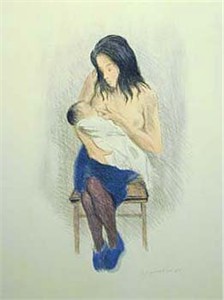 Raphel Soyer  Hand Signed Publisher Proof Lithograph:"Nursing Mother Blue Slippers"