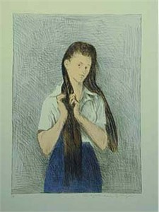 Raphel Soyer  Hand Signed Publisher Proof Lithograph:"Girl, Long Hair Blue Skirt"