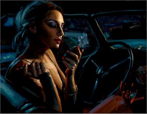 Fabian Perez Handsigned and Numbered Limited Edition Embellished Giclee on Canvas: "Darya in Car with Lipstick"