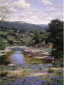 Larry Dyke Hand Signed and Numbered Limited Edition Grande Edition Giclee on Canvas: "Bluebonnets Along the Frio "