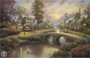 Thomas Kinkade Signed and Numbered Limited Edition Print and Hand Embellished Canvas:"Sunset on Lamplight Lane"