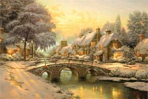 Thomas Kinkade Signed and Numbered Limited Edition Hand Embellished Canvas :" Cobblestone Christmas"