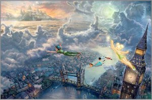 Thomas Kinkade Disney Dreams 24x36 Limited Edition Giclee Print on Paper:"Tinker Bell And Peter Pan Fly To Neverland "